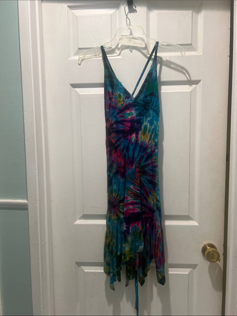 V-Neck Asymmetrical Tie-Dye Spaghetti Strap Dress - Blue/Purple Multicolor